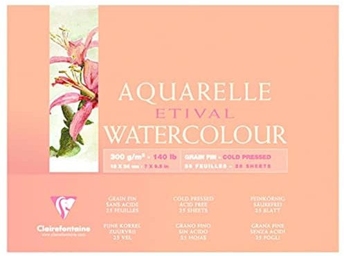 Clairefontaine 96470C Aquarellblock Etival (4-seitig verleimt, 25 Blatt, 300g, für alle Nasstechniken geeignet, feinkörnig, 100% Zellulose, 18 x 24 cm) weiß