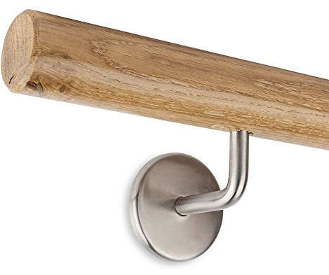 Pasamanos de madera de roble, redondo, 45 mm, incluye soportes de acero inoxidable (160 cm + 2 soportes)