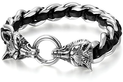 JewelryWe Schmuck Herren Armband, Gotik Wolf Kopf Geflochten Panzerkette Armreif, Echtleder Leder Edelstahl, Schwarz Silber