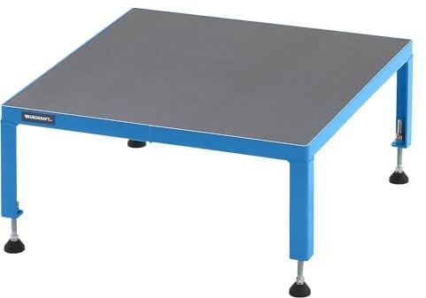eurokraft pro | Arbeitsplattform | Höhenverstellbereich 255 - 320 mm, mit Siebdruckplatte, Plattform LxB 610 x 610 mm, lichtblau