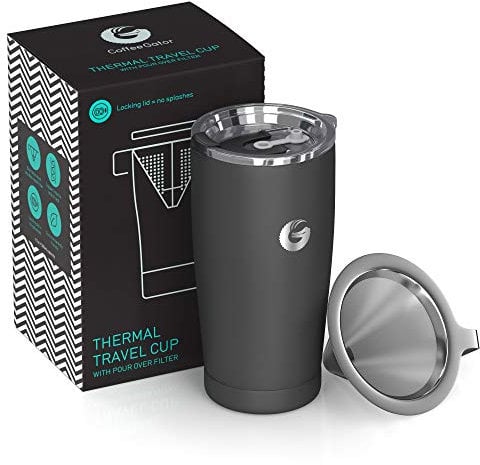 Coffee Gator Pour Over Coffee Travel Mug All-in-one Travel Coffee Maker and Thermal Cup - Vacuum Insulated Stainless Steel Cup with Paperless Filter Dripper - 585ml / 20oz (Gray)