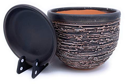 Sun Cakes Pot de Fleurs en céramique émaillée avec Soucoupe Ronde en Terre Cuite avec bac d'égouttement Couleur Argile 12 cm x 10 cm Noir/Marron
