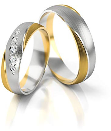 JC Trauringe Gold 585 Paarpreis Bicolor Gelbgold Weißgold I Eheringe breit 5 mm I Partnerringe mit Gravur in edler Schatulle I 2 Hochzeitsringe breit Herrenring ohne & Damenring mit Stein I PL302