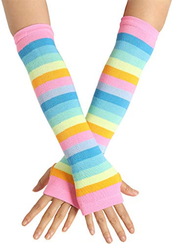 JOYKK Frauen mädchen gestrickt über ellenbogen armlinge Flagge Regenbogen Streifen Patchwork Fingerlose Handschuhe mit Daumen Loch Party kostüm - 5#