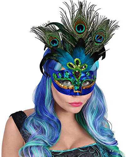 NET TOYS Venezianische Pfau-Maske mit Federn - Blau - Extravagantes Damen-Kostüm-Zubehör Vogelmaske für Erwachsene - Perfekt geeignet für Fasching & Karneval
