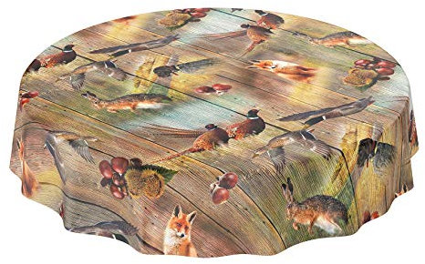 ANRO Wachstuch Tischdecke abwaschbar Wachstuchtischdecke Wachstischdecke Jagt Wild Jäger Motiv Holz Rund 140cm