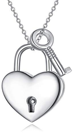 PEIMKO 925 Sterling Silver Heart Lock Key Pendant Necklace With 18 Chain, Padlock Choker Necklace For Men Womens Teens Lover Egirls