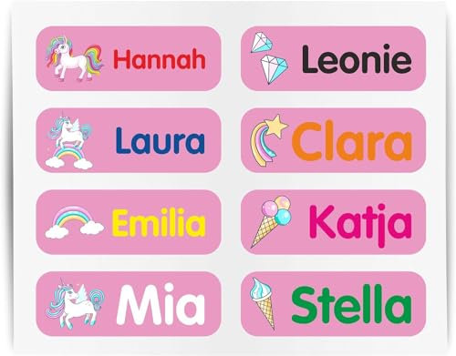 Indigos UG - Namensaufkleber Kinder Schule - 35–105 Sticker 35x10mm - Einhorn rosa - Kindergarten - mit Wunschtext personalisierbar - wasserfeste Wäscheetiketten selbstklebend