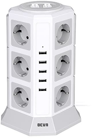 BEVA 12 Prises Tour Multiprise Parafoudre avec 2 USB-C (15W)+3 USB-A +Câble 2M,2500W/10A Prise Multi de avec 2 Interrupteur, Multiprise Electrique Protection Contre Surcharges et Surtensions, Blanche