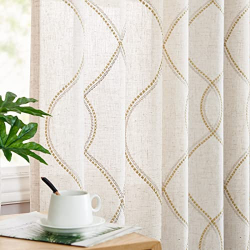 TOPICK Leinenoptik Vorhänge Beige Verdeckte Schlaufen Gardinen Blickdicht mit Goldfaden Stickerei Vorhang Modern Geometrisch für Wohnzimmer Gestickt Halbtransparent Privatsphäre 2er Set 140x245cm