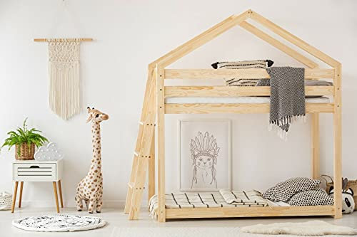 Etagenbett aus Holz, Kinderhausbett, Kinderzimmer, Solide Holzbett für Kinder, Montessori Kleinkinderbett, Jungenbett (70x160 cm)