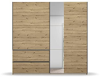 Rauch Möbel Sevilla Schrank Kleiderschrank Schwebetürenschrank, Eiche Artisan, Holz, Griffleisten Grau metallic, 2-türig mit Spiegel, inkl. 2 Kleiderstangen, 2 Einlegeböden BxHxT 218x210x59 cm