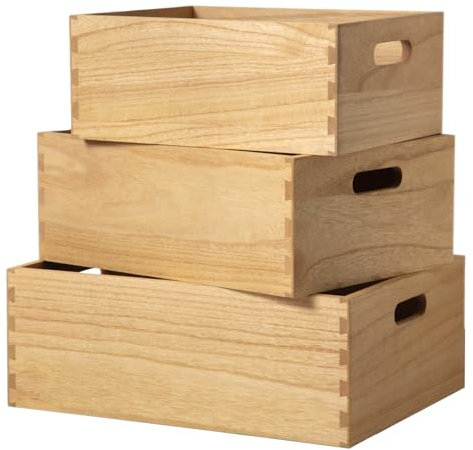 KIRIGEN Nesting Wood Crates with Handles Set of 3 - Farmhouse Decor Wooden Storage Containers/ Portable Rolling Tray Basket/ Crates Decorative Boxes Natural