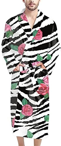 HUGS IDEA One Size Bathrobe Zebra Stripe Pink Rose Print Dressing Gown with Pockets, Fluffy & Absorbent Pyjamas for Winter Shower Sauna Spa