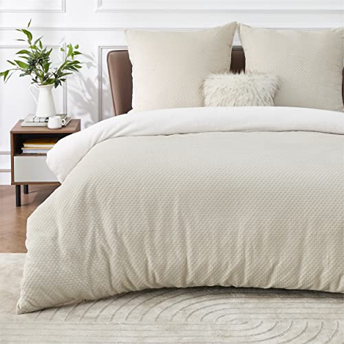 BEDSURE Flauschige Bettwäsche 155x220 Beige - Winter Bettbezug Fleece mit 2 Kissenbezüge 80x80 cm, Warme Bettwäsche-Sets mit Reißverschluss, Waffelpique Winterbettwäsche für Doppelbett