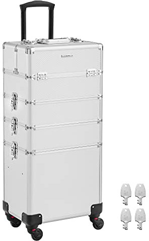 SONGMICS Kosmetikkoffer, Trolley, 4-in-1 Schminkkoffer, groß, Friseurkoffer, 35 x 25 x 79 cm, abschließbar, Make-up Koffer, 360° drehbare Rollen, für Reisen, Geschenkidee, silbern JHZ011E01
