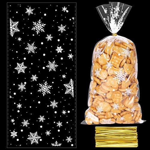 100 Stück Weihnachten Plätzchentüten, Süßigkeiten Tüten zum Befüllen, Schneeflocke Cellophantüten, Transparent Kekstüten mit 200 Stück Twist für Bonbon Plätzchen Pralinen