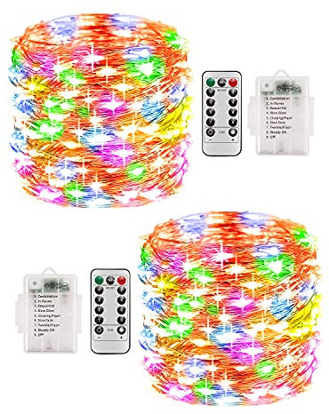 Lichterkette Aussen, 2 Stück 10M 100 LED 8 Modi Kupferdraht Lichterkette Akku, Wasserdichte IP68 mit Fernbedienung und Timer für Weihnachten Partys Garten Hochzeiten Dekoration, Bunt