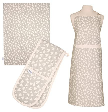 All-Green Dexam Organic Cotton Adult Apron, Tea Towel & Double Oven Glove Set - Grey Heart