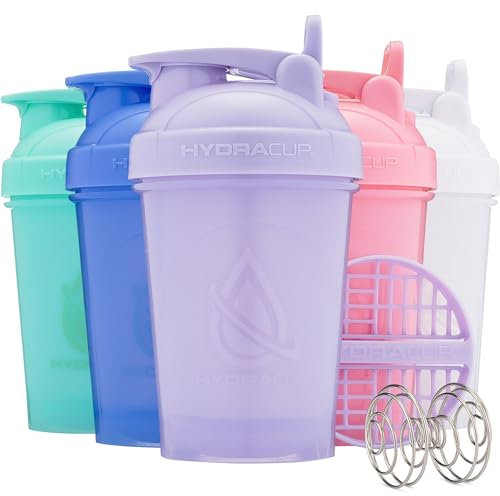 Hydra Cup ProFlow kleine Shaker-Flaschen für Protein-Shakes, Shaker-Becher mit Kugel, Schneebesen, Shaker-Flasche mit Griff, für unterwegs, BPA-frei, leuchtende Farben, 5 Stück