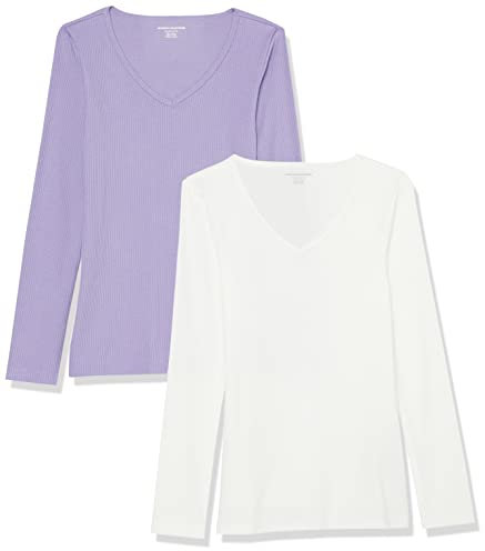 Amazon Essentials Damen Langärmliges Rippstrick-Lagen-Top mit V-Ausschnitt in schmaler Passform (erhältlich in Übergröße), 2er-Pack, Weiß/Purpur, M