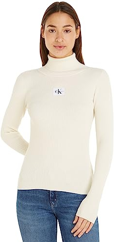 Calvin Klein Damen Pullover Badge Rollkragen, Weiß (Ivory), L