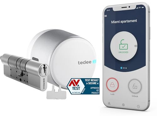 tedee Go Smart lock mit Euro Zylinder 30-61/37-68mm und Bluetooth, App, smartes Türschloss verwandelt Ihr Smartphone in einen Schlüssel, elektronisches Schloss Sicherheit mit AV-TEST, Silber