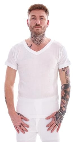 Keanu Mens Thermal V Neck T Shirts - Pack of 3 - Winter Warm Brushed Underwear Short Sleeve Vest Baselayer - Sizes S M L XL 2XL (White, Extra Large)