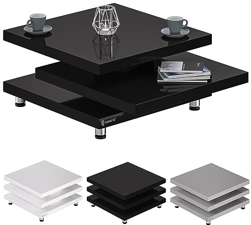 Casaria Couchtisch 72x72 cm Schwarz | Hochglanz, 360° Tischplatte, höhenverstellbare Füße, Holz, Sofatisch, Wohnzimmer, Cube Design, 3 Ablageflächen