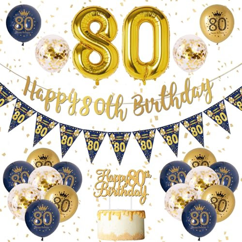 80 Geburtstag Dekoration Männer Blau Gold 80. Geburtstag Girlande Banner, Geburtstagsdeko für Männer 80, Navy Blau Gold Geburtstag Luftballons 80, Konfetti Luftballons für Männer 80. Geburtstag