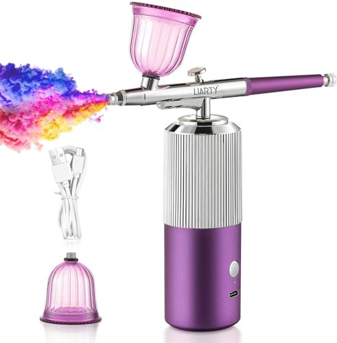 Portable Airbrush Kit Machine with Compressor, 32PSI High Pressure Rechargeable Handheld Airbrush, Professional Cordless Airbrush for Nail Art, Makeup, Cake Decor, Painting (Silver & Purple New)