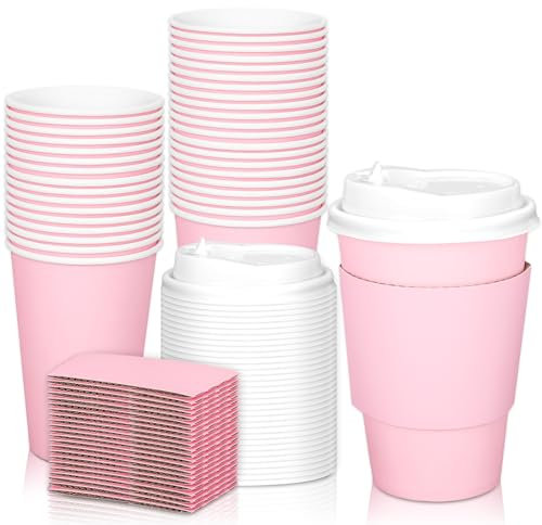 JarThenaAMCS 50Pcs 12oz Easter Pink Disposable Coffee Cups with Lids and Sleeves Light Pink Insulated Paper Cups To Go Cups for Home Restaurant Wedding Travel Party Supplie