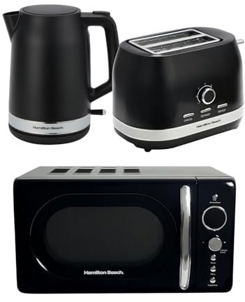 Hamilton Beach Kettle, Toaster & Microwave Set, Ella, 1.7L Electric Kettle, Wide Slot Toaster 2 Slice, Microwave, 20L Retro, Kettle & Toaster Set, Black - ELLABB