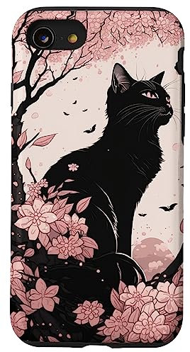 Coque pour iPhone SE (2020) / 7 / 8 Adorable esthétique de chat en fleurs de cerisier japonaises roses