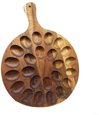 Round Deviled Egg Holder Wooden Platter Tray with Handle Holds 24 Eggs