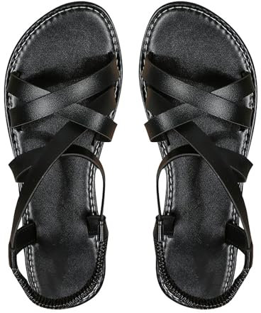 DuBiytlk Chaussures Pieds Larges Les Tropeziennes Sandales d'été à fond plat et bout rond pour femmes, bout ouvert, boucle à une ligne Sandale Plate Femme Chaussure Vintage (Black, 43)