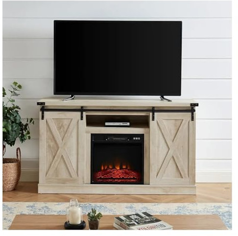 XXAD553TY Camino Porta TV for Camino in Fattoria for TV Porta Scorrevole for fienile Camino Elettrico Centro di intrattenimento con Telecomando Camino Elettrico(Natural Wood)