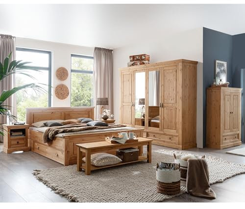 Lomadox Schlafzimmer Set 8-teilig mit Kleiderschrank, Doppelbett 180x200cm, 2 Bettschubladen, Bettbankd, 2 Nachttische, Wäscheschrank in Kiefer massiv, eichefarben geölt