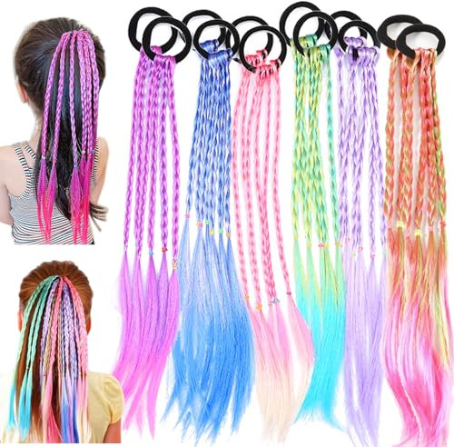 Dtoterul 12 Stück Bunte Haarsträhnen für Kinder Mädchen, Haare Zum Einflechten, Haarteil Geflochten, Mit Haargummi, Für Party Festival Haare Deko Geschenke