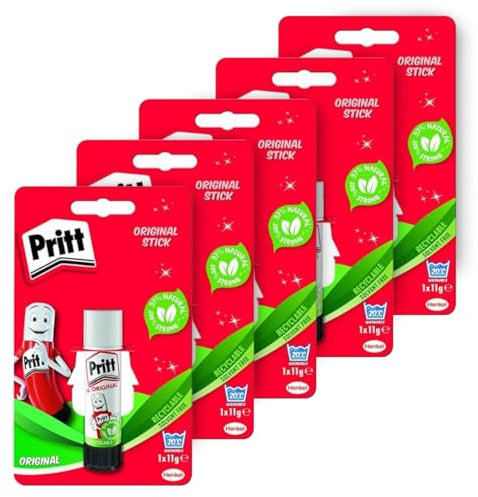 Pritt Glue Sticks 11g – 5 Pack Original Formula | Strong Adhesive for Kids, School, Home & Office Use | 90% Natural Ingredients | Child Safe, Non-Toxic Glue for Arts, Crafts & DIY Projects