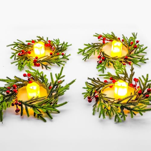 TZQFROCE Weihnachten Kranz Kerzen Adventskranz 4 Stück Weihnachtskranz Dekokranz mit Flammenlose Kerzen Künstlicher Adventskranz für Fenster Kerzenhalter Wand Tischdekoration