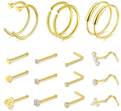 NIUSIMAN piercing nez,or piercing nez anneaux fin avec fleur coeur 18 pièces bijoux piercing nez acier chirurgical 22G(0.6mm) Vis mince forme L Droite Piercing bijoux pour hommes femmes