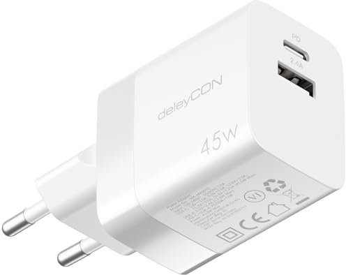 deleyCON Chargeur USB A et C (2 Ports - Chargeur Rapide Compact 45W) Alimentation USB pour iPhone 16/15/14/13 Galaxy S25/S24 Pixel Téléphone Mobile iPad Tablette Ordinateur Portable Notebook - Blanc