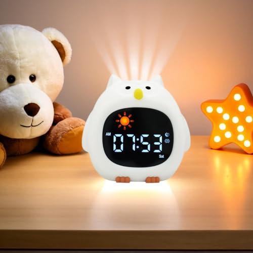 xinjinhju Wecker Nachtlicht mit 9 Lichtfarben und 6 Weißen Geräuschen, Digitaluhr zum Schlaftraining, Helligkeit und Ton Einstellbar, Geschenke für Kinder – Eule