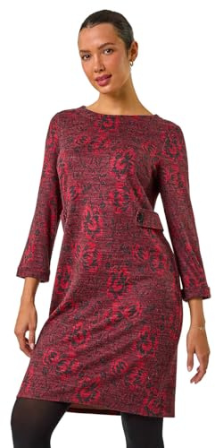 Roman Originals Women Shift Dress with Pockets - Ladies Autumn Winter Tunic 3/4 Length Sleeve Knee Length Smart Casual Office Work Cocktail Party Round Neckline Comfy Soft - Red Noir - Size 16