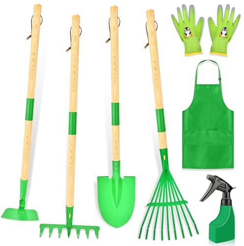 IEEILULU Herramientas de Jardinería, Juego de Jardinería Madera para Niños, con Guantes Delantal Regadera Pala Rastrillo, Juegos Jardin para Niños Exterior para Niños Niñas 3+ (Verde)