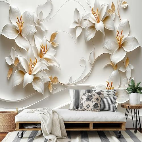 DLERFLOVR Papier Peint Panoramique Fleurs Blanches - 350x250cm - Revêtement mural décoration salon - Plantes Et Fleurs 3D Poster Geant pour Salon Chambre restaurant Décoration