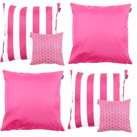 Bean Bag Bazaar Outdoor Cushions Filled, Stripe Collection, Stripe Pink Mix, Reversible Print, Set of 4, 43cm x 43cm, Water Resistant, Pink Outdoor Cushions for Garden Furniture, Garden, Patio