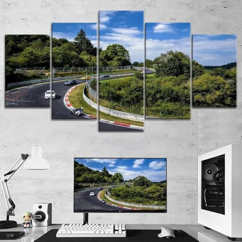 SHENGXINA Leinwand Bilder Nürburgring Rallye Straße Landschaft Bild auf Leinwand Wandbilder Wohnzimmer Modern 5 Teilige Kunstdruck Wandbilder Wohnzimmer, Schlafzimmer, Moderne Wanddeko