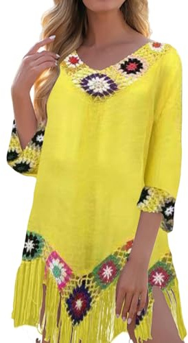 Lazzboy Strandkleid Damen Luftig Sommerkleid Strandtunika Strand Häkelkleid Strandcover-Up Strandkleidung Pareos Netzoberteil Spitzen-Kimono Strandponcho Für Damen Badeanzug Überwurf